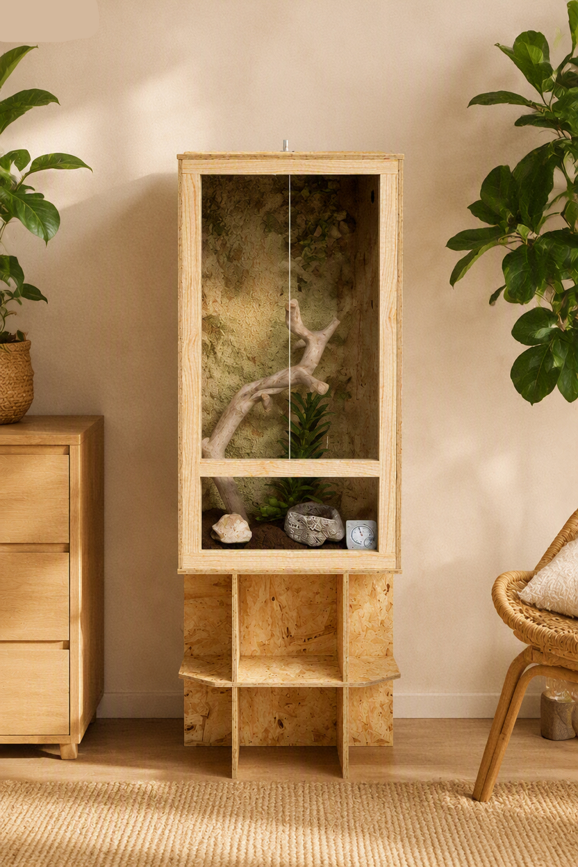 Terrarium Vertical OSB 50x50x150 cm – Habitat Rustique pour Reptiles et Amphibiens